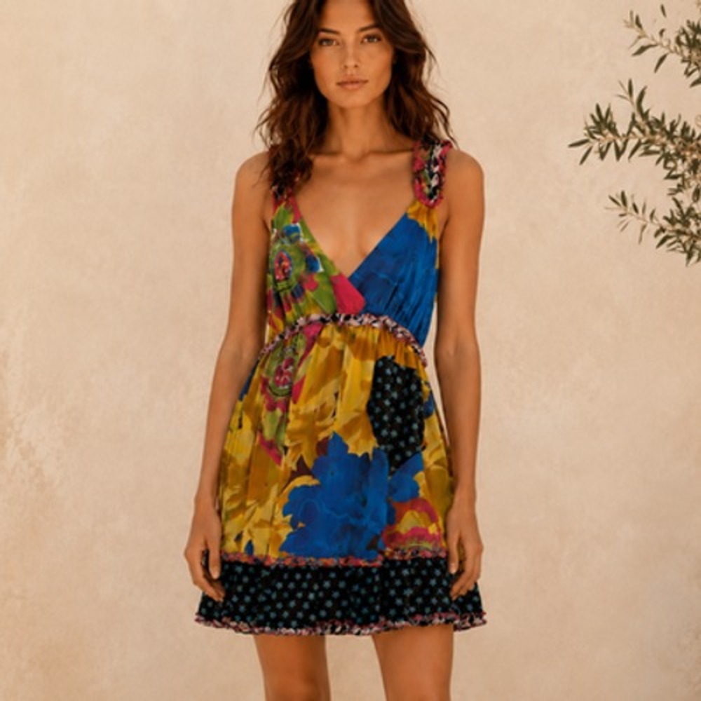 Desigual Dress 36 US 6 Multicolor Floral Chiffon Empire Mini Sundress Boho